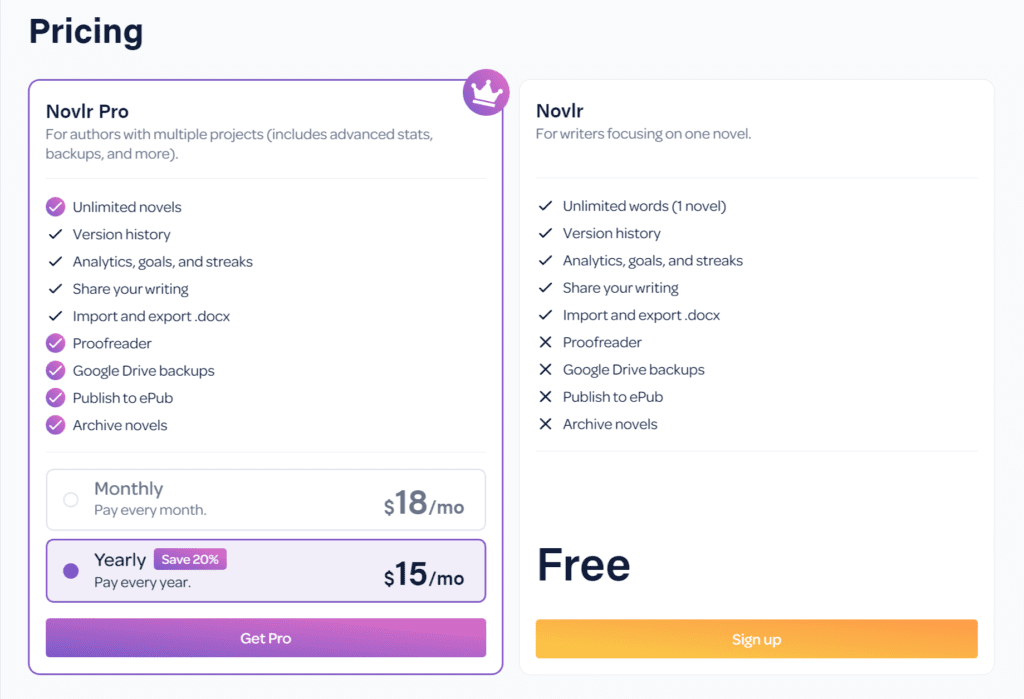 clearer pricing cards - Novlr