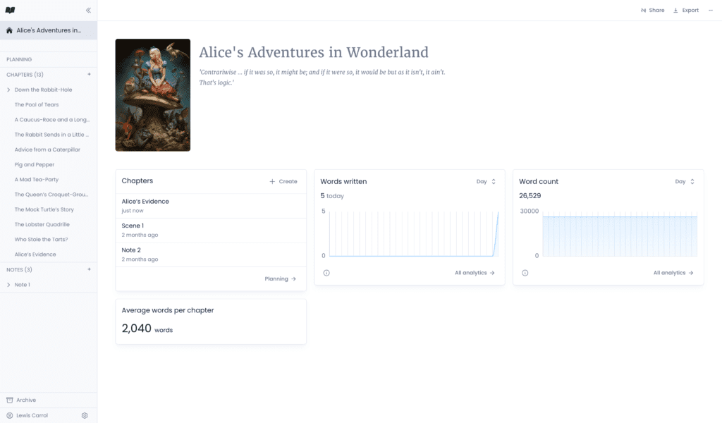 Project homepage showing corrected chapter counts in Novlr