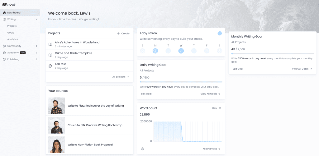 Writing goals on Novlr dashboard